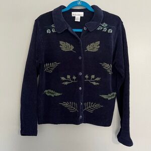 Dressbarn Vintage Navy Silk Blend Embroidered Leaf Cardigan Medium Cottagecore